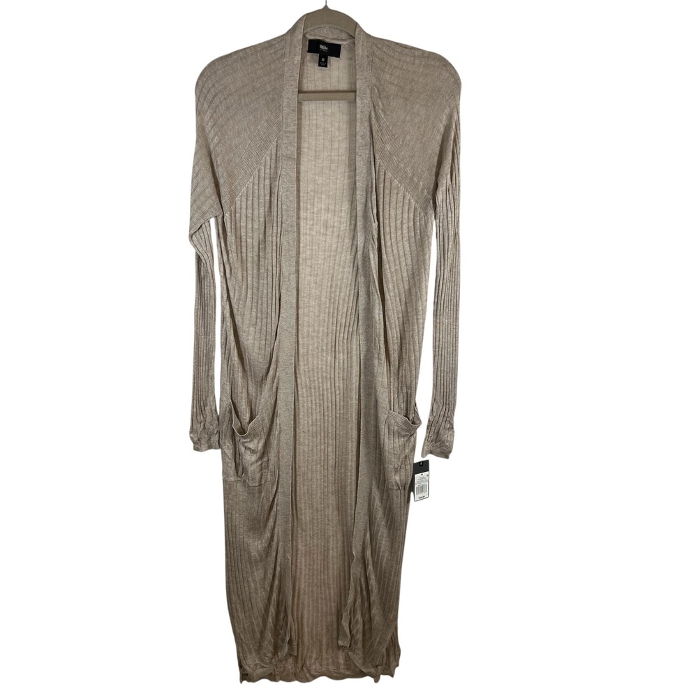 Mossimo Womens Longline Ribbed Knit Duster Cardigan Tan Marl Open Front Sz M NWT